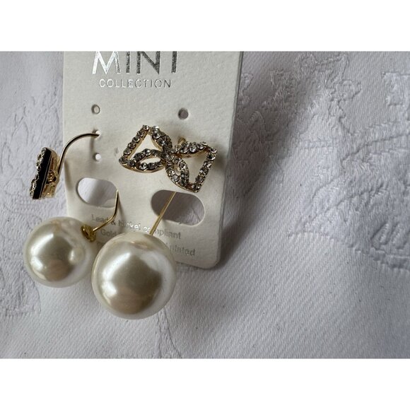 Mint 14KT White & Gold Plated Goldtone Pearl Bow Lead Free CZ Earrings NEW - Picture 4 of 8